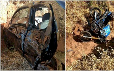 DEODÁPOLIS: Moto e carro ficam destruídos em acidente na MS-276
