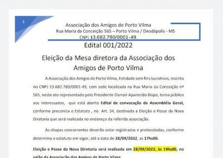 Associação de Amigos de Porto Vilma abre edital para eleição da Nova Diretoria