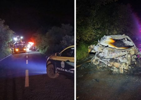 DEODÁPOLIS: Carro ficou destruído após sair da pista seguida de incêndio na MS-145